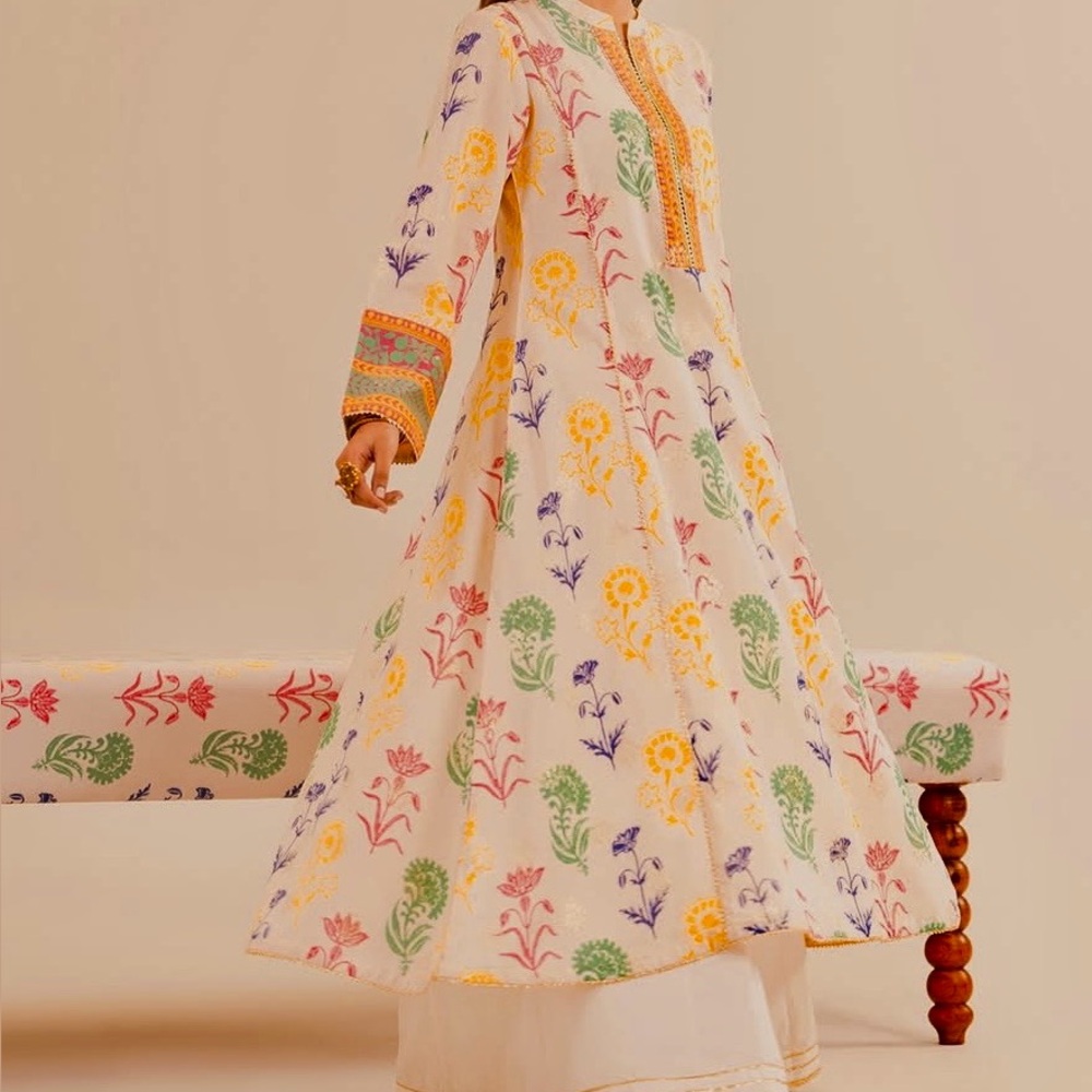Nishat block print Floral Multicolor Long Dress long kurta new with tag